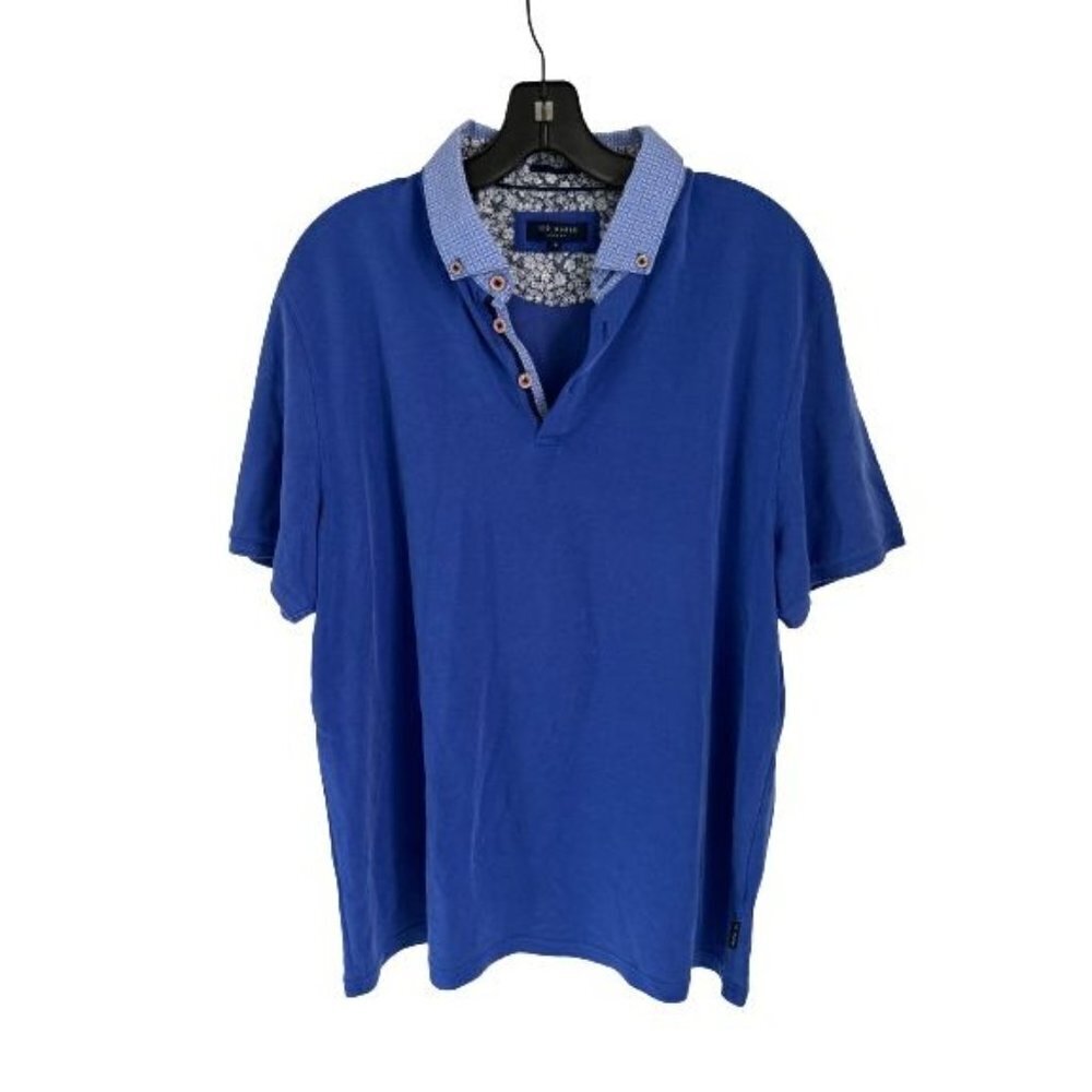 Ted Baker Blue Polo Shirt Cotton Printed Collar Size 6